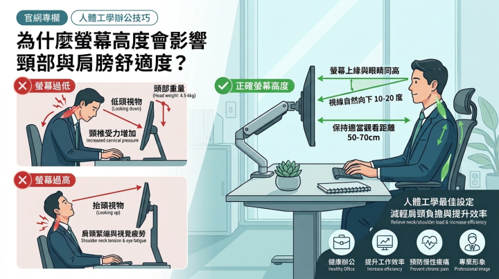 為什麼螢幕高度會影響頸部與肩膀舒適度？