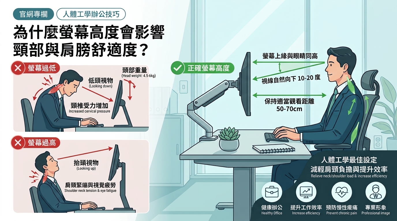 為什麼螢幕高度會影響頸部與肩膀舒適度？